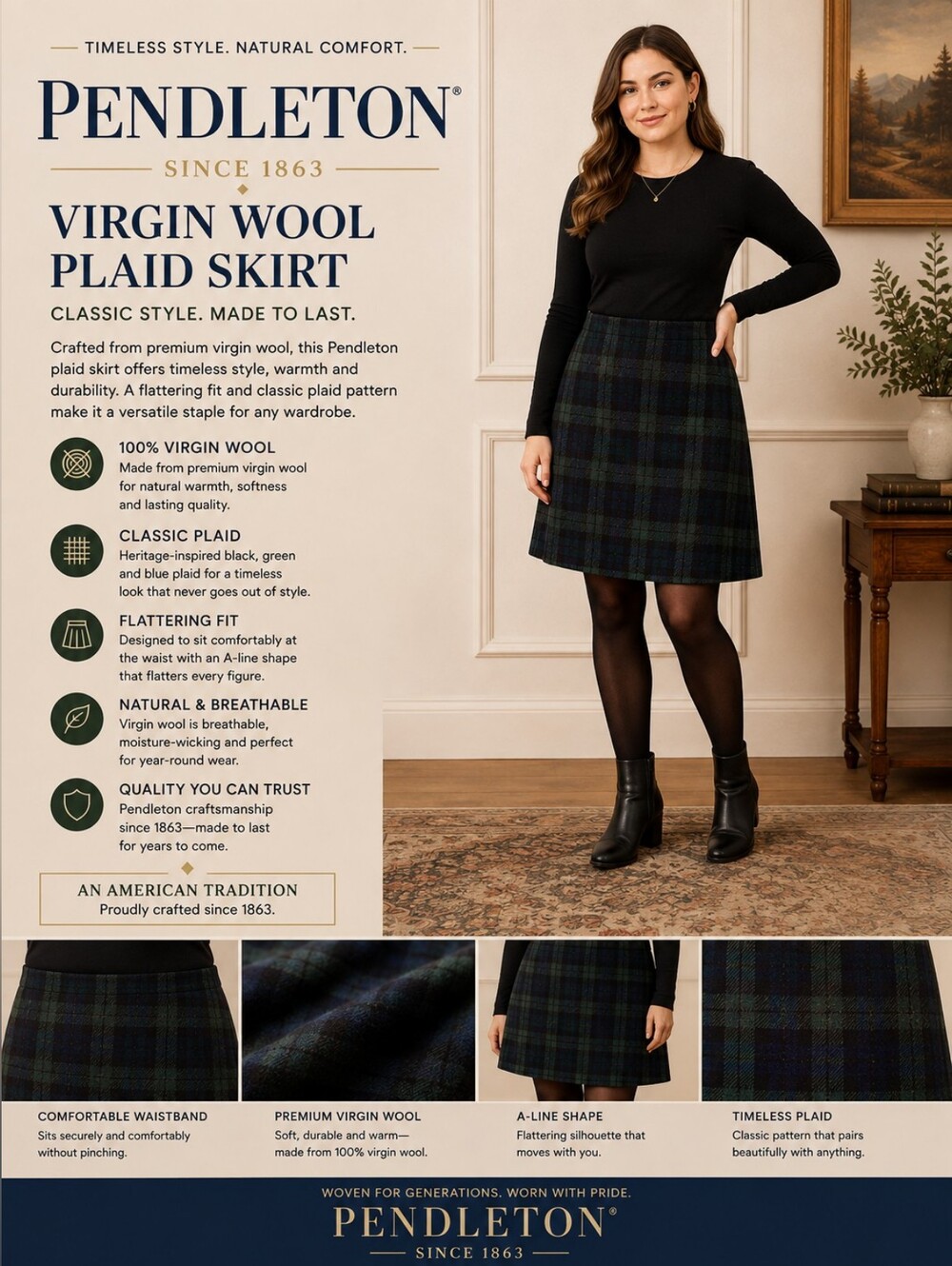 Pendleton Navy and Green Plaid Virgin Wool A-Line Skirt Sz 18 (See Measurements)